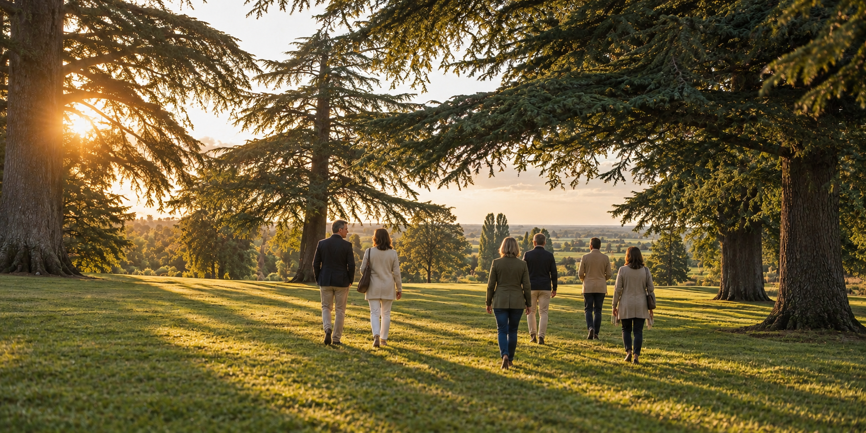 Un petit groupe marche en silence dans le parc, sous les cèdres.